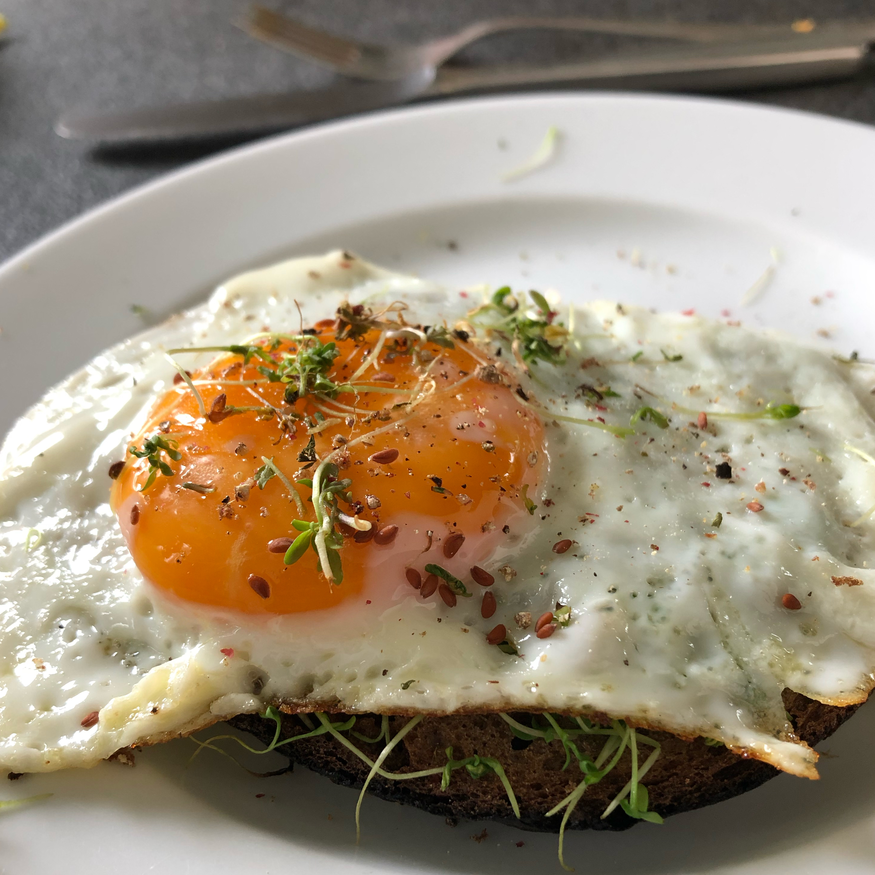 Gebratenes Ei auf Kresse Toast