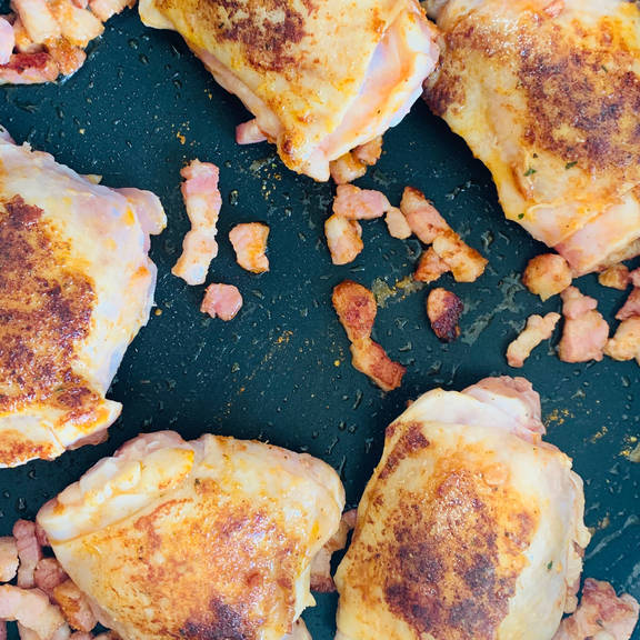 Chicken thighs in mustard cream sauce with vegetables Recipe