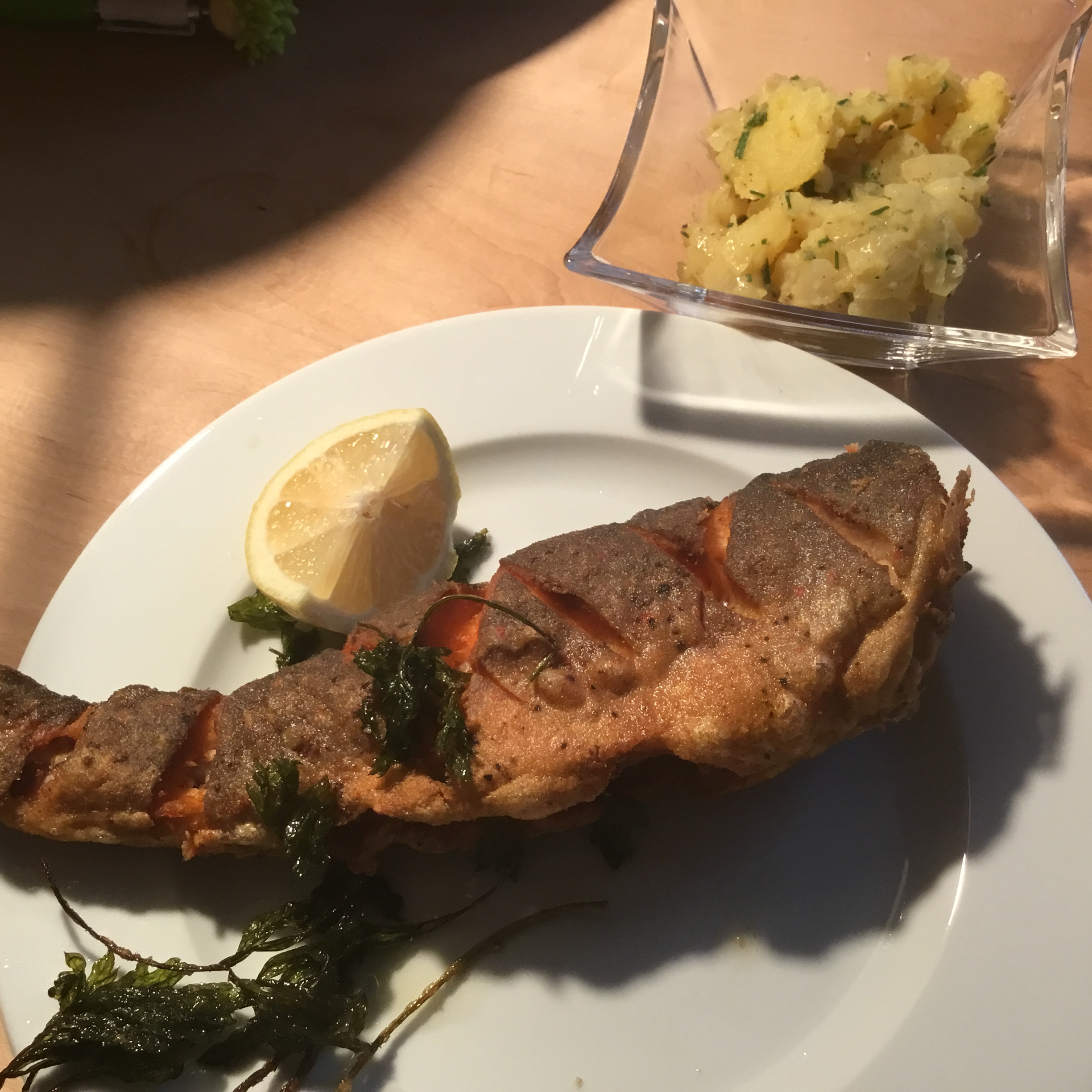Backfisch - Forelle u. Saibling mit bay. Kartoffelsalat