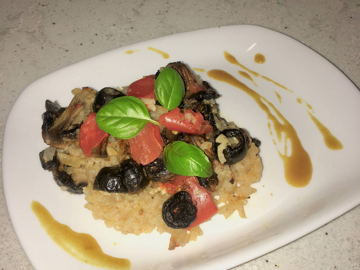 Ovenbaked rice with tomatoes, mushrooms and olives Recipe Kitchen