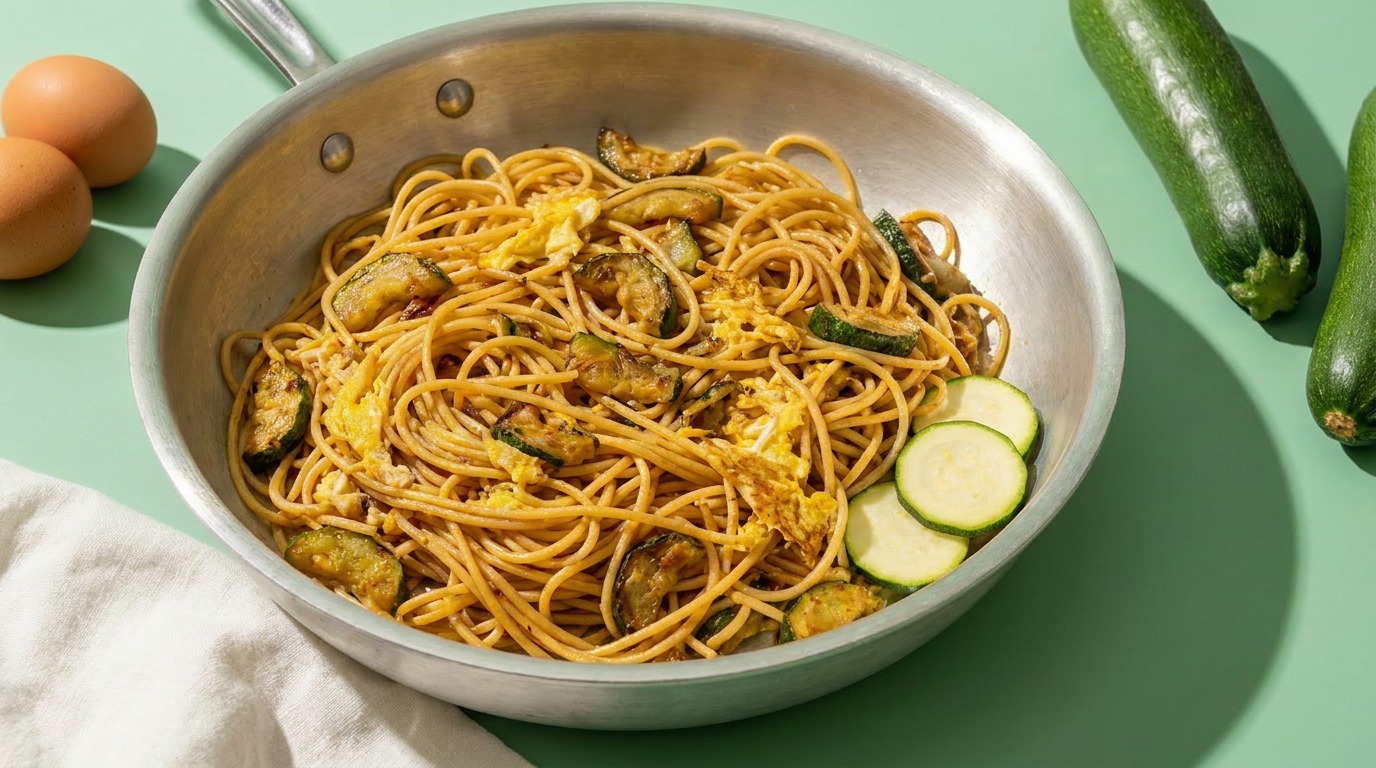 Kreative Resteverwertung: knusprig gebratene Nudeln mit Zucchini und Ei