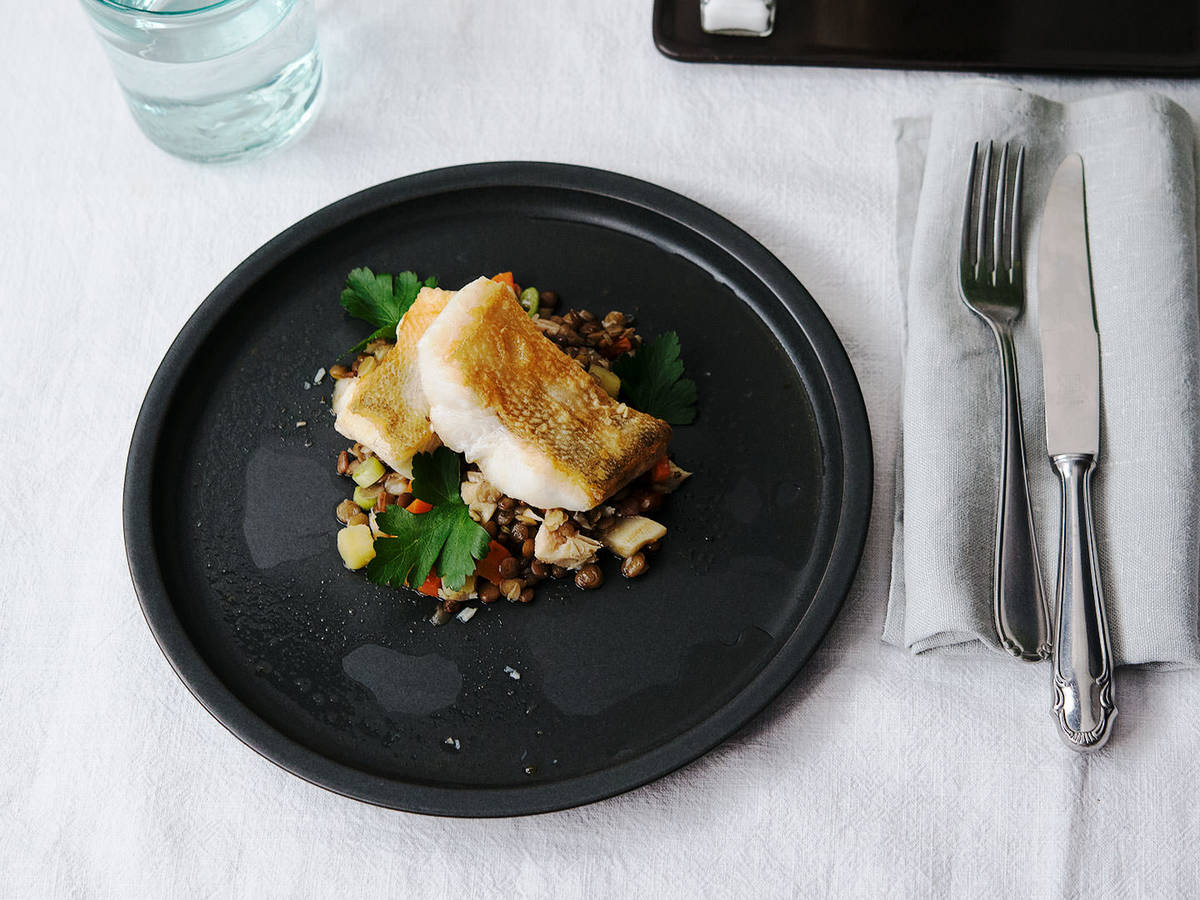 Panfried pike perch over lentil salad Recipe with Video Kitchen