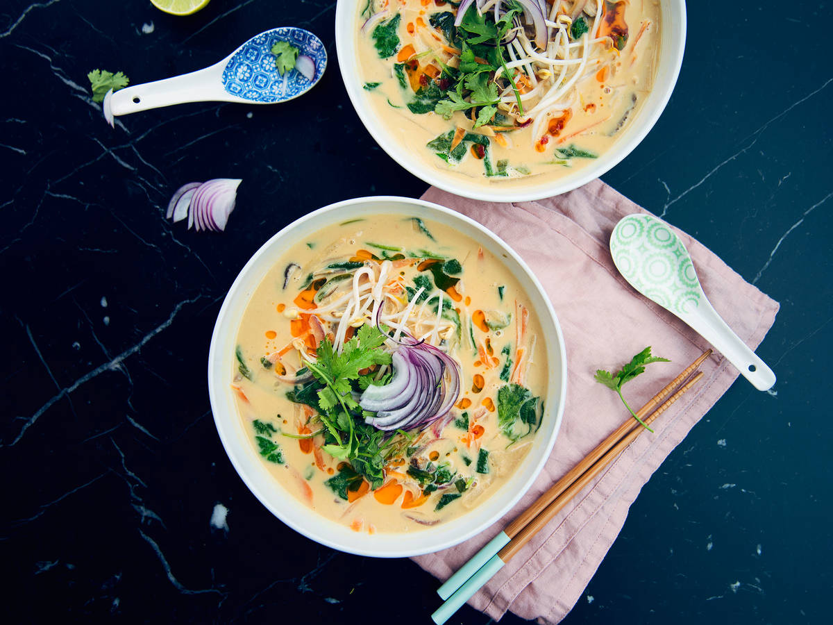 Thai peanutcoconut soup with rice noodles Recipe with Video