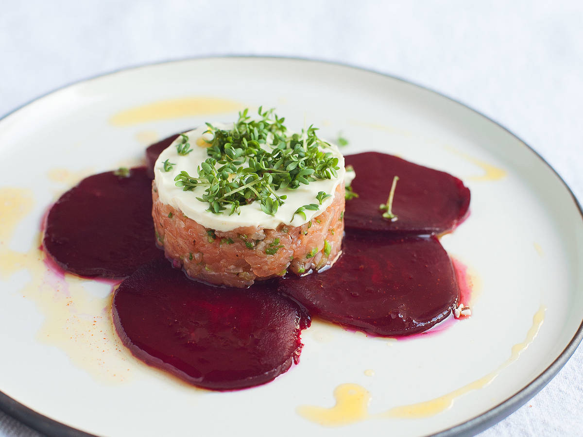 Beetroot carpaccio with salmon tartare and wasabi cream Recipe with Video Kitchen Stories
