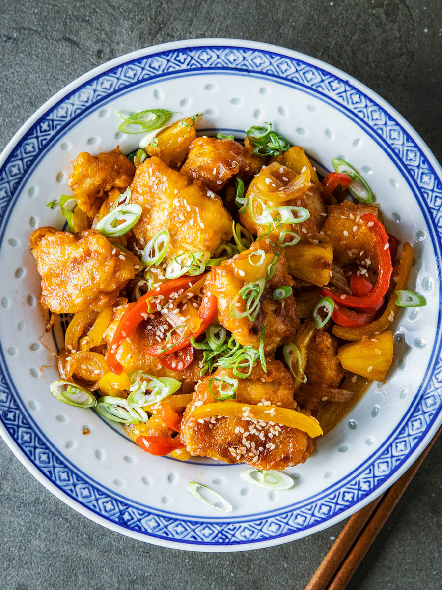 Chinese sweet and sour chicken with egg fried rice Recipe Kitchen